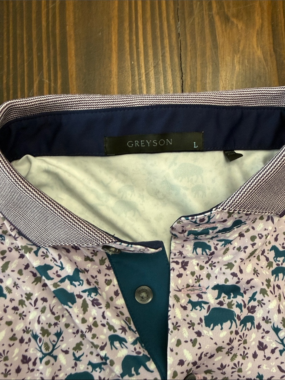 Greyson Animal Pattern Men’s Golf Polo Short Sleeve Size Large Purple Blue - Picture 4 of 9